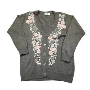 Alfred‎ Dunner Gray Floral Embroidered Cardigan Grandpa Sweater Womens Small